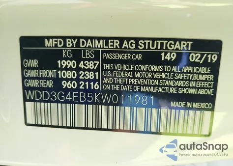 2019 Mercedes-Benz A 220 из США, поврежденный, VIN WDD3G4EB5KW011981